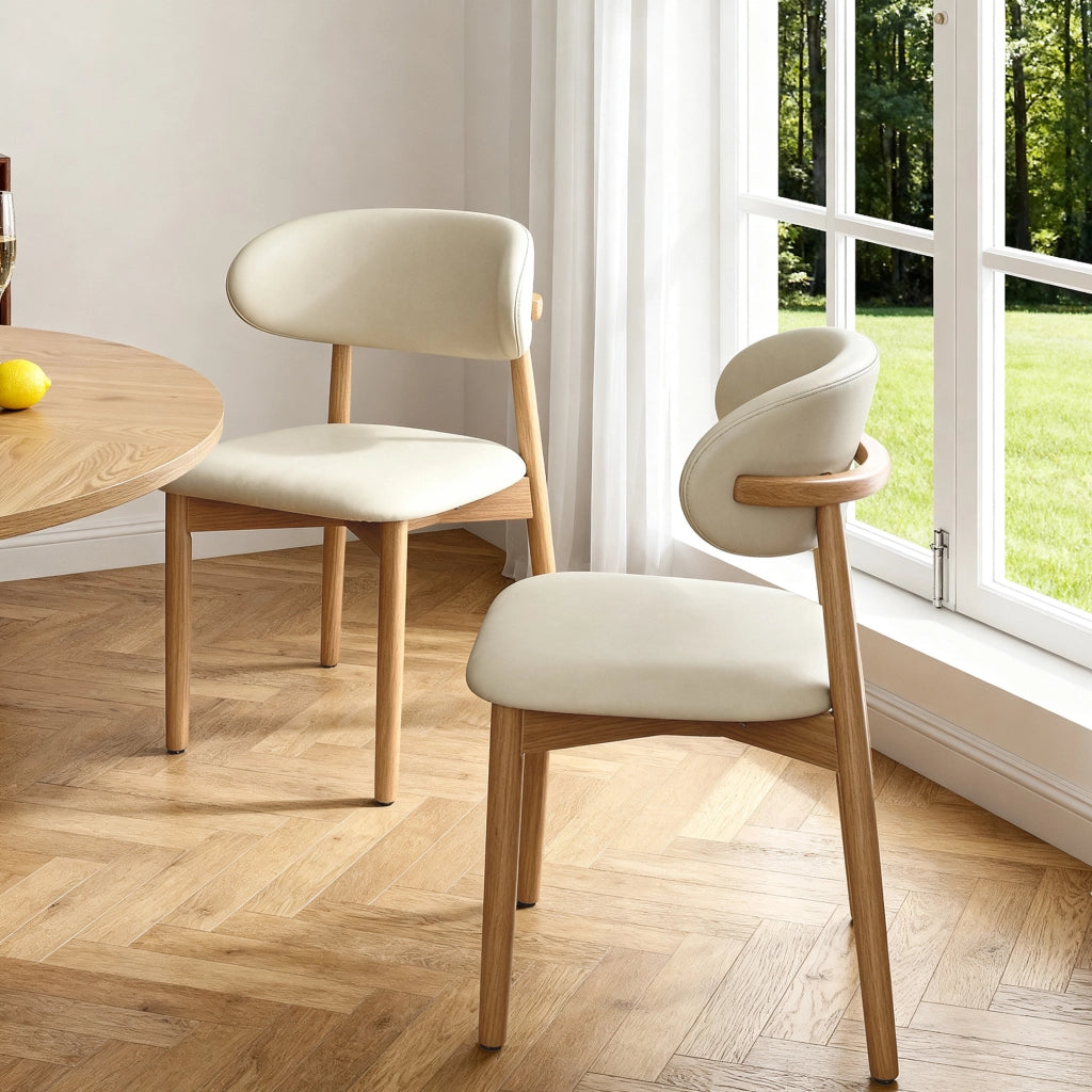 Set di 2 sedie da pranzo con schienale ergonomico in legno di quercia e rivestimento in PU bianco