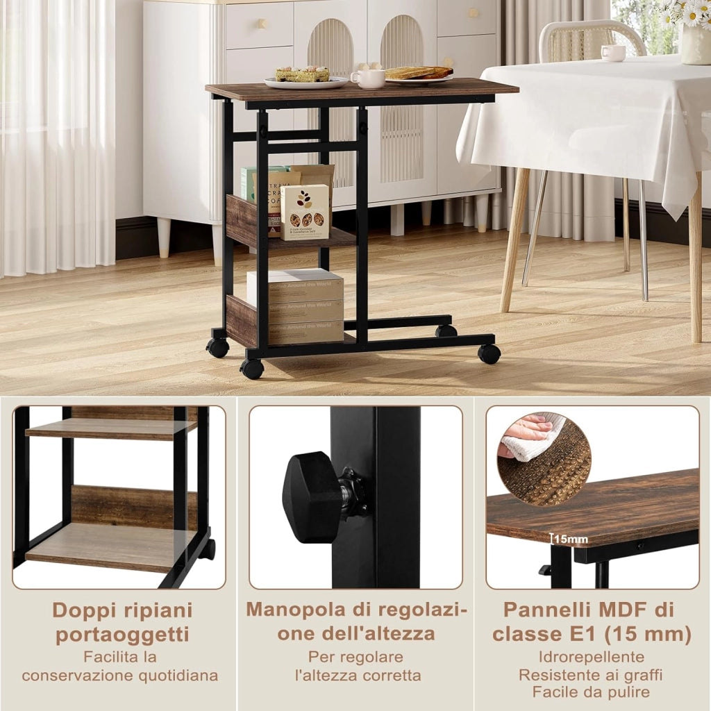 Tavolino da Salotto a Forma di C, Tavolino da Caffè a 3 Livelli, Tavolo Divano Regolabile in Altezza con Ruote Universali, in Legno e Metallo, Rovere vintage + Nero, BTS08hov
