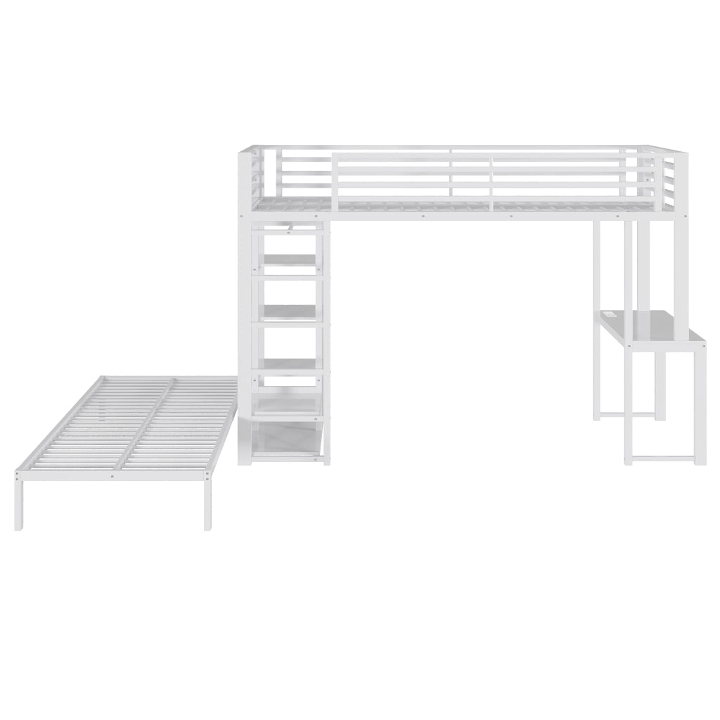 Letto a Soppalco Letto Singolo 90 x 200 cm con Scrivania; Mensole e Guardaroba in MDF e Metallo Bianco