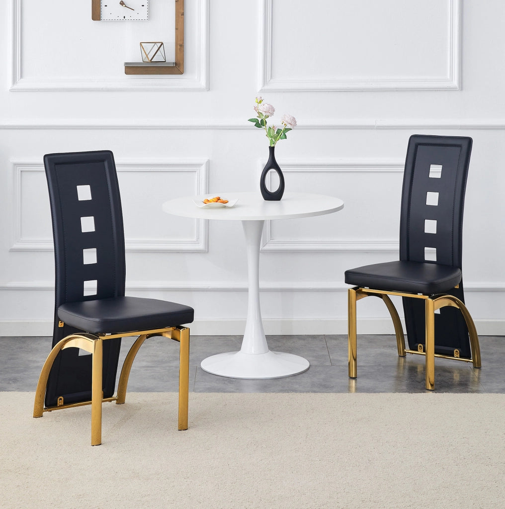 Sedie da pranzo nere con schienale traforato e gambe dorate, coppia elegante e confortevole