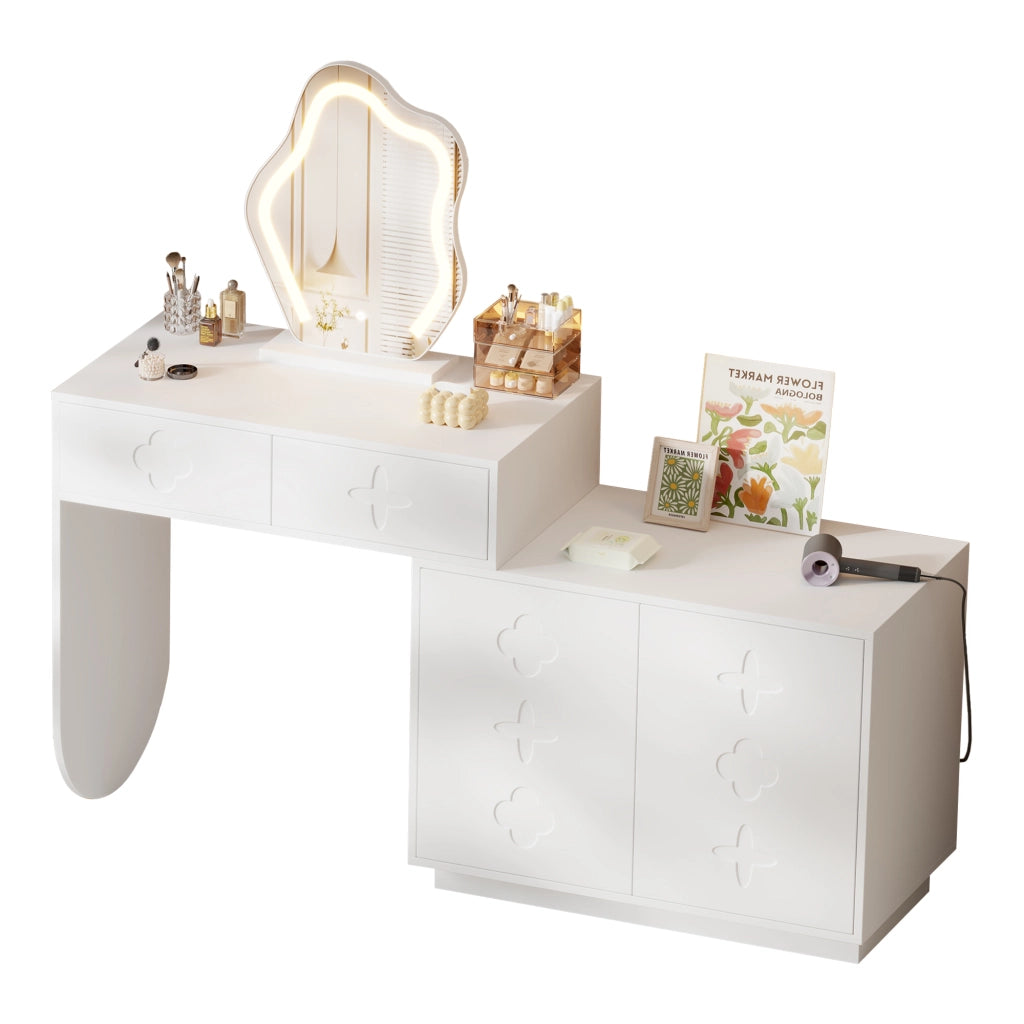 Tavolo da trucco con specchio LED, 2 cassetti e armadietto laterale con 4 scomparti, bianco, 160x40x132 cm