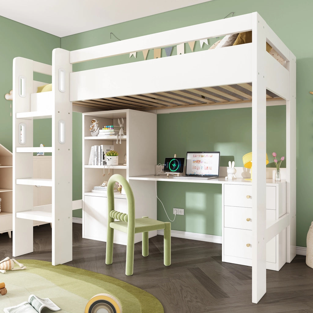 OKWISH Letto a soppalco 90×200 cm, Letto Singolo con Scrivania con USB e Tipo C, Armadio, Scaffali e Scala, senza Materasso, Bianco