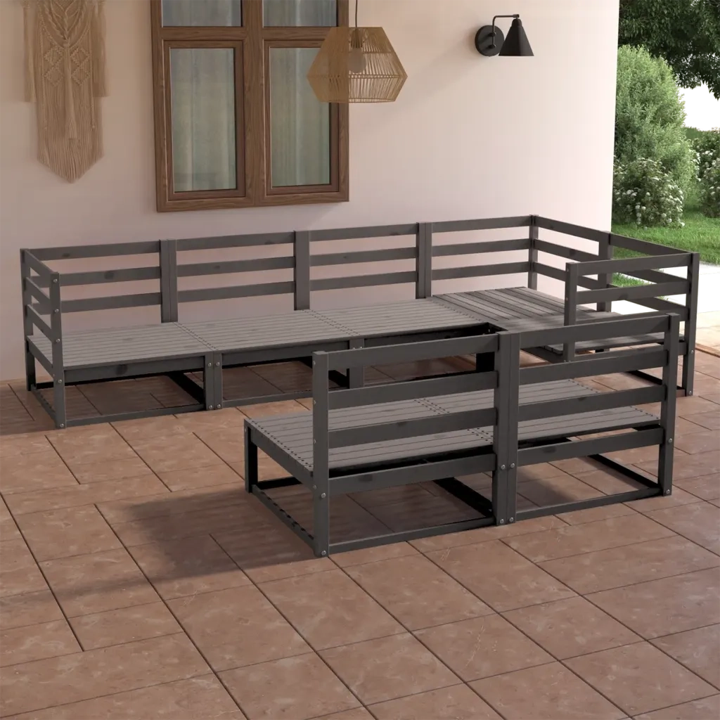 Set Divani da Giardino 7 pz Grigio in Legno Massello di Pino 3075646