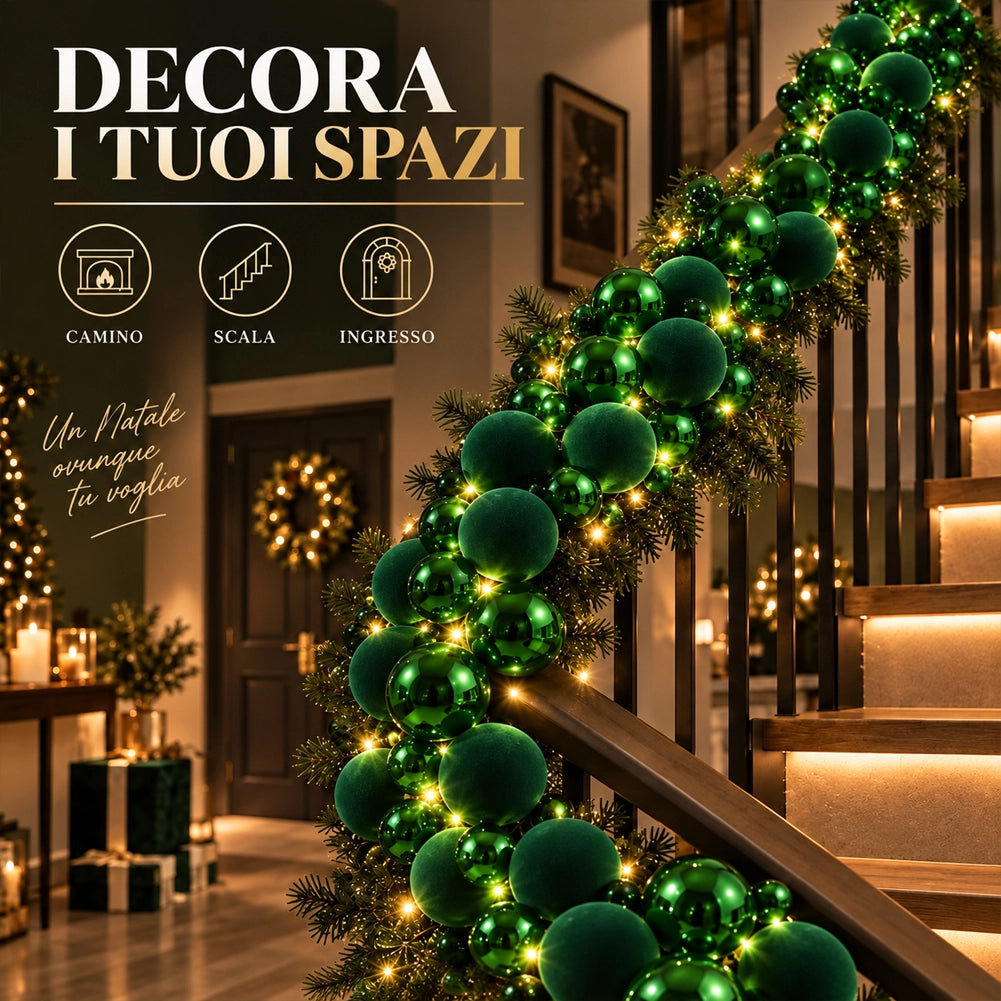Ghirlanda Natalizia Festone 180cm 142 Sfere e Led Addobbo Lucido e Velluto Verde