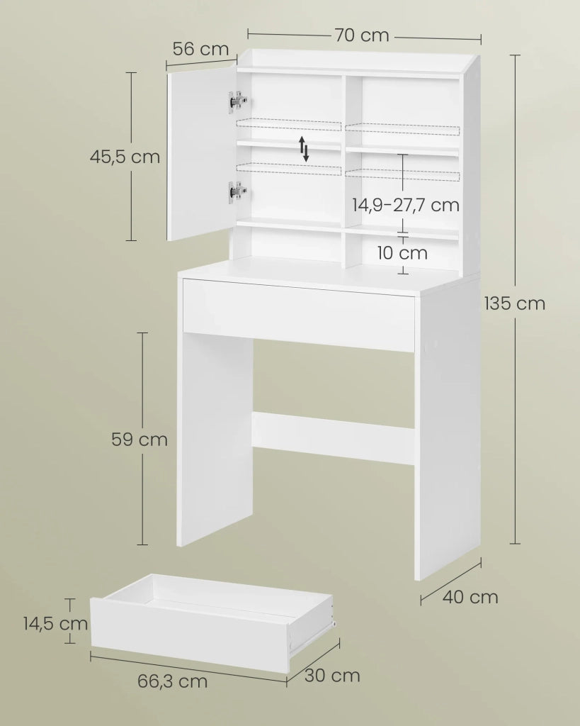 Tavolo da toeletta con specchio mobiletto portaoggetti e cassetto ripiani regolabili angolo beauty in stile moderno 70 x 40 x 136 cm bianco 12_0005179