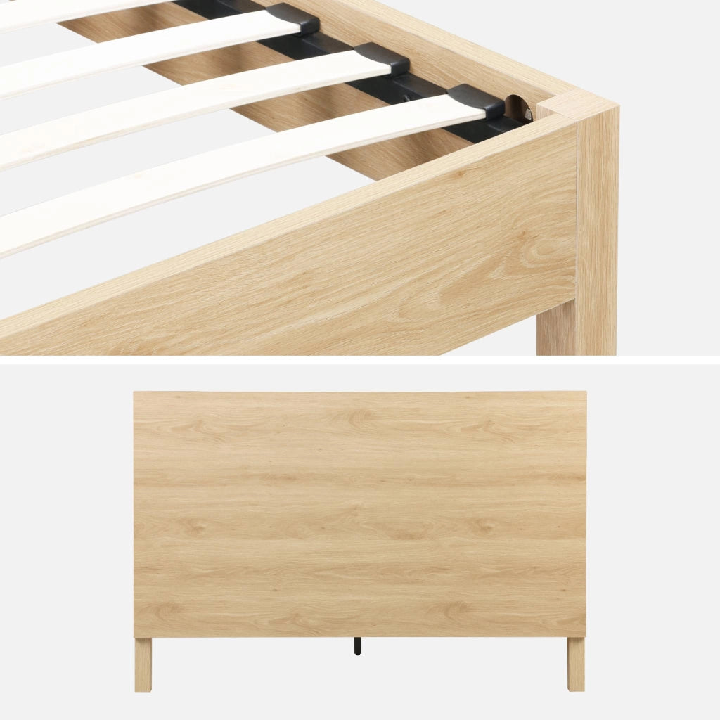 Letto con rete a doghe e testiera 140x190cm decorazione legno, marrone