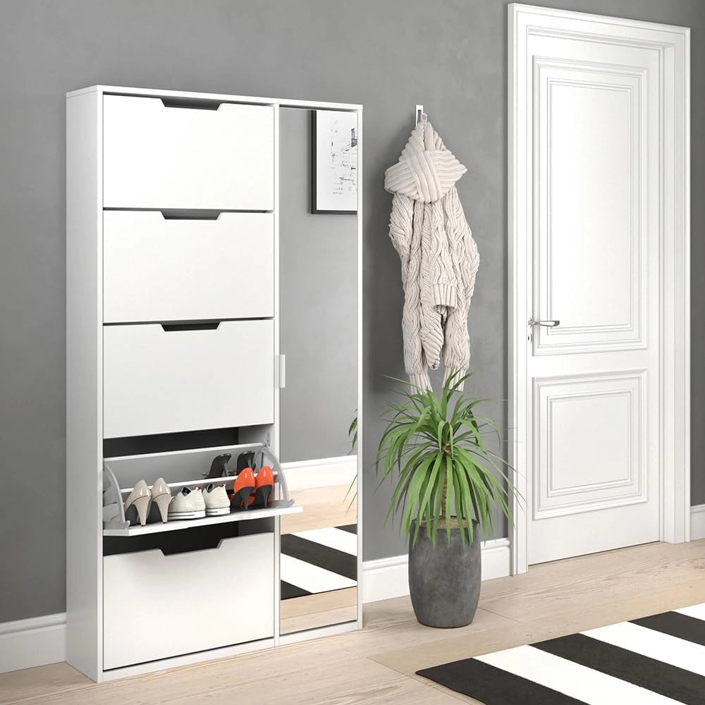 Scarpiera da ingresso Luca, Bianco, 22 x 169 cm, con cinque ribalte e frontale a specchio per la conservazione delle scarpe