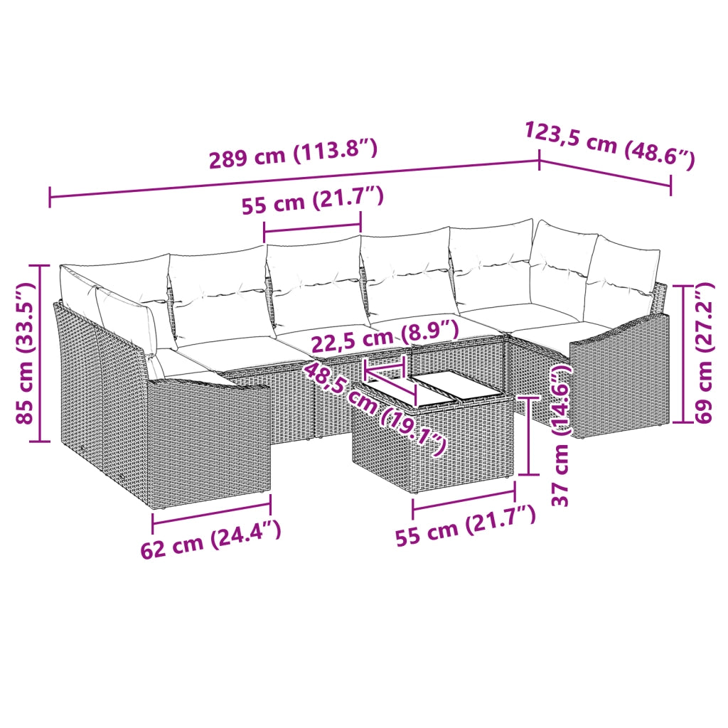 Set Divano da Giardino a 8 Pezzi con Cuscini Beige in Polirattan
