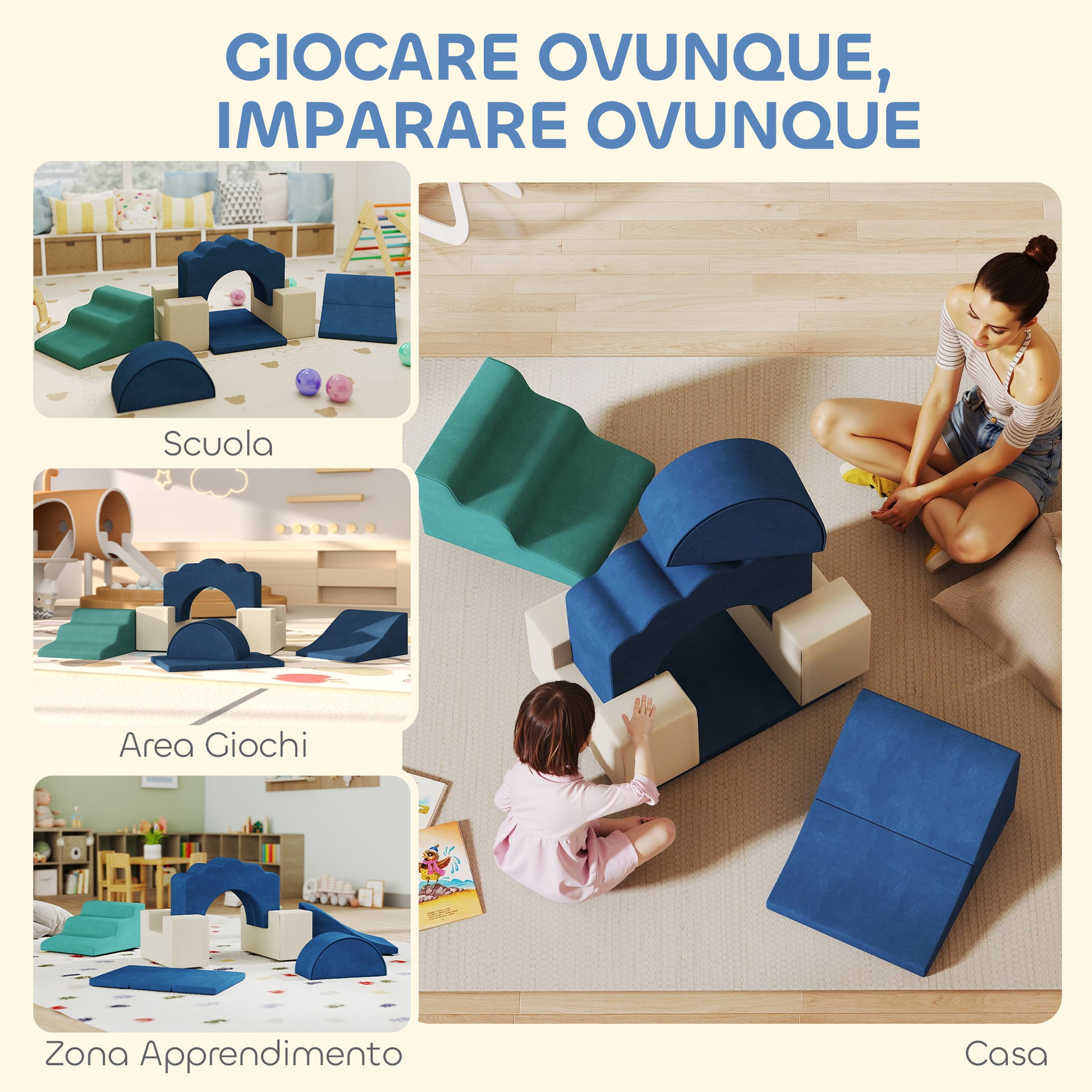 Set 7 Costruzioni Morbide per Bambini 6 mesi - 3 Anni Rivestimento in Velluto Blu