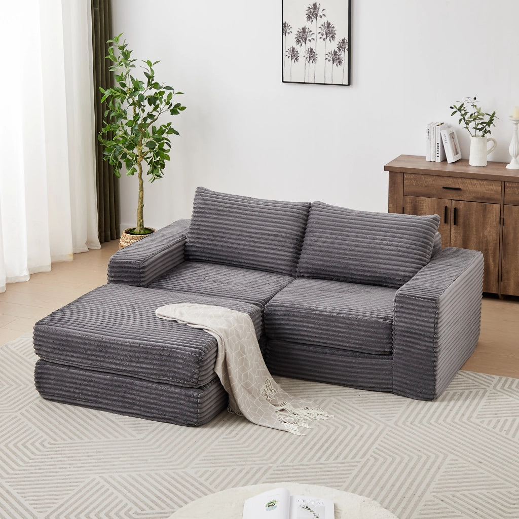 Divano letto modulare in corduroy con pouf removibile, braccioli quadrati e configurazione flessibile, grigio