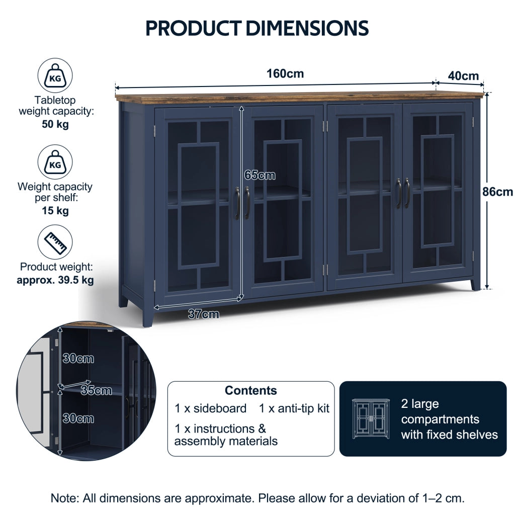 Credenza da cucina 160 cm con ante in vetro, ripiani interni e piano effetto legno, blu