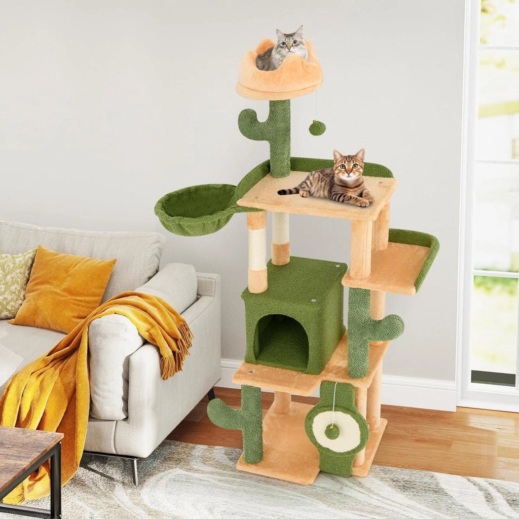 Tiragraffi 160cm, Albero per Gatti con Pali per Graffi in Sisal, Posti a Sedere Imbottiti, Giochi Appesi e Cuccia, Torre per Animali Domestici da Interno a Forma di Cactus, Verde