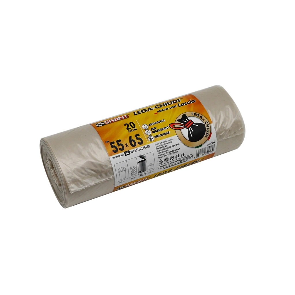 20 PZ SACCHI SPAZZATURA LEGA E CHIUDI C/LACCIO SPESSORE 18 MY- Trasparente cm 55 x 65- senza- pezzi 1