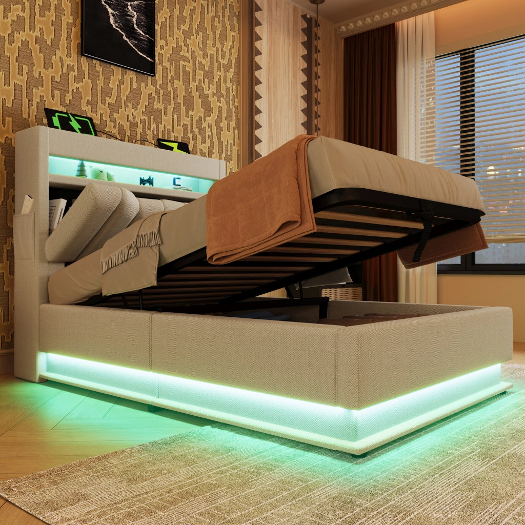 LETTO 90x200 cm Beige in Lino con LED e USB, con materasso incluso