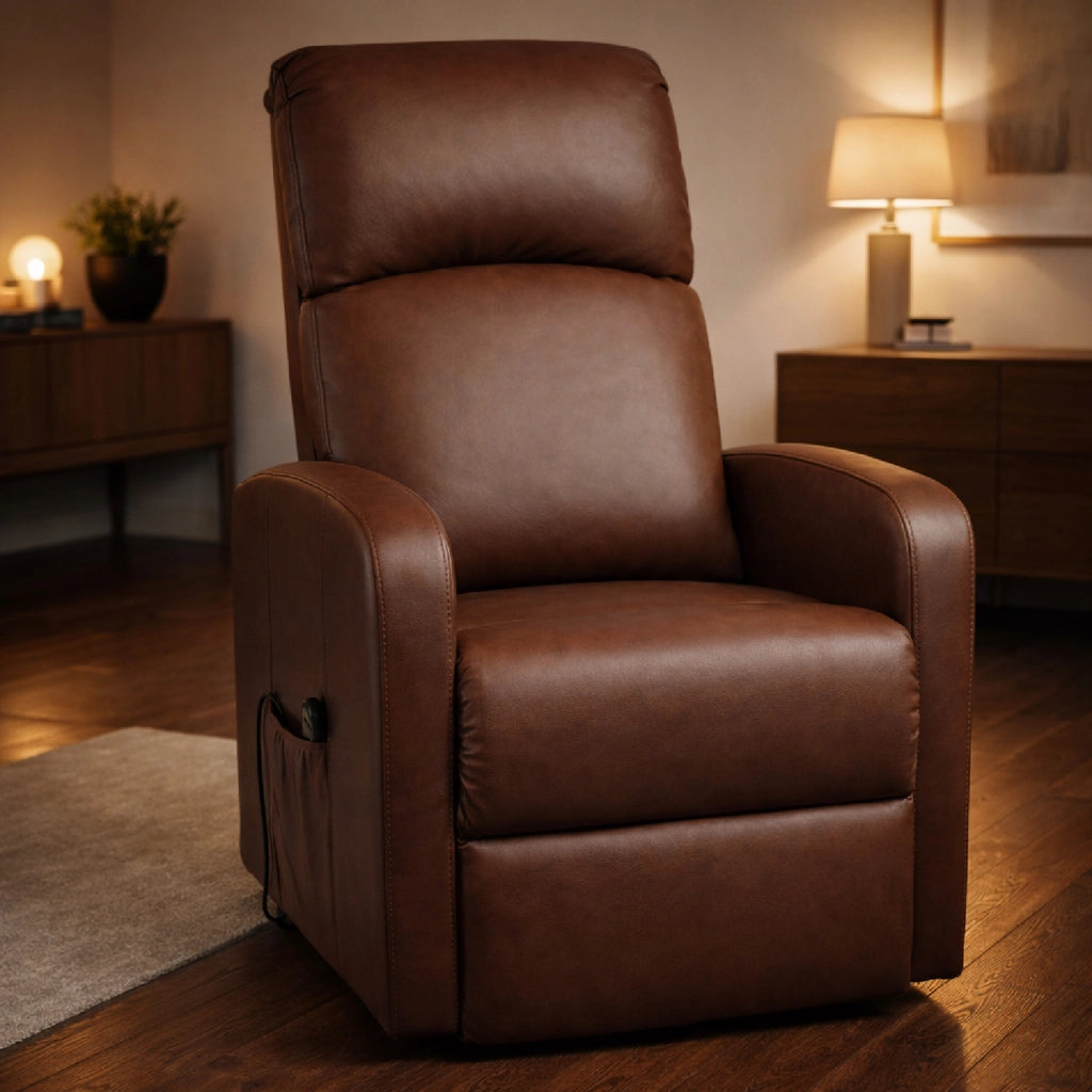Poltrona Relax Elettrica In Ecopelle Con Alzapersona Reclinabile 135° Schienale Ergonomico E Telecomando Poltrona TV Comfort per Anziani Soggiorno 65 x 85 x 105 cm Marrone