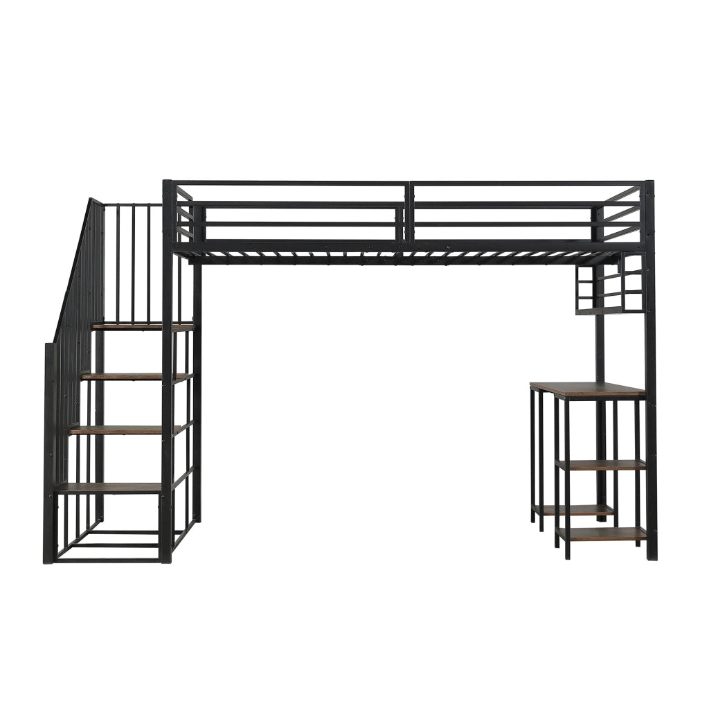Letto a soppalco ULEVR 120x200 cm con scrivania, scaffale e scale con corrimano, nero e noce scuro