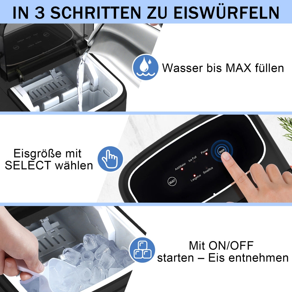 ZMH Macchina per il ghiaccio nero capacità 1.3L 9 cubetti di ghiaccio in 6 minuti 14 kg/24 ore silenzioso per cucina