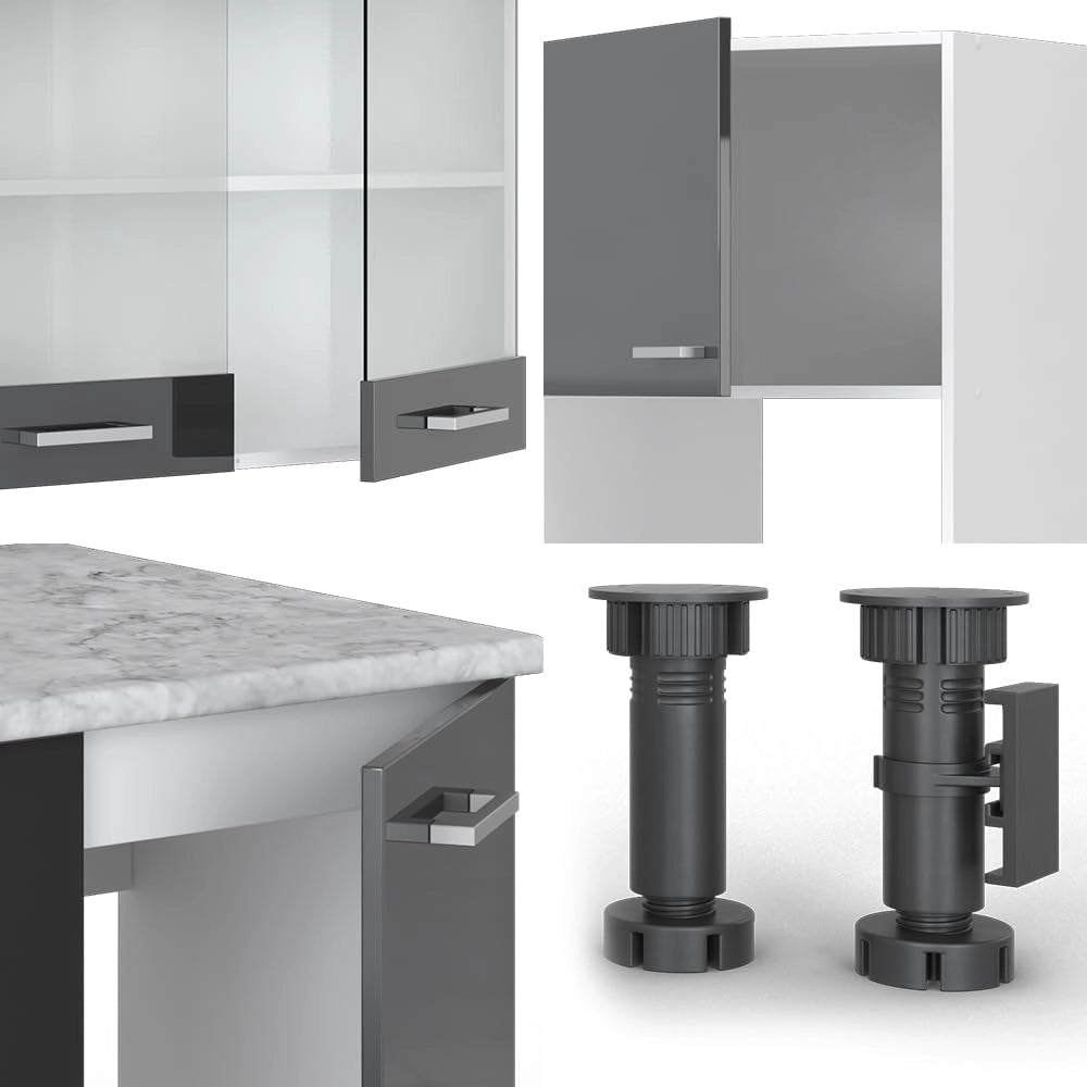 Cucina angolare completa R-Line, Antracite lucido, 247 x 60 cm, PL Rovere, per disposizione flessibile ed espansione modulare