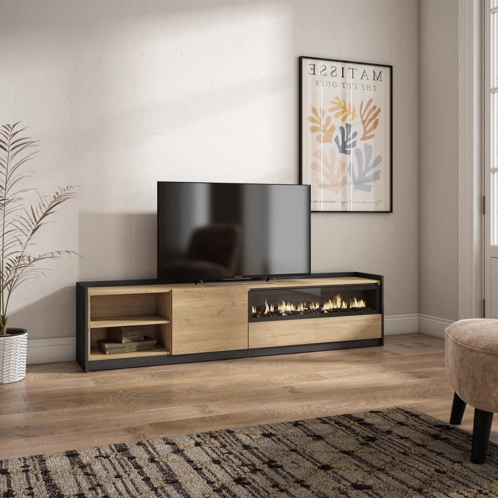 Mobile TV Soggiorno, 207x50x37 cm, Per TV fino a 80", Camino elettrico, Rovere e nero