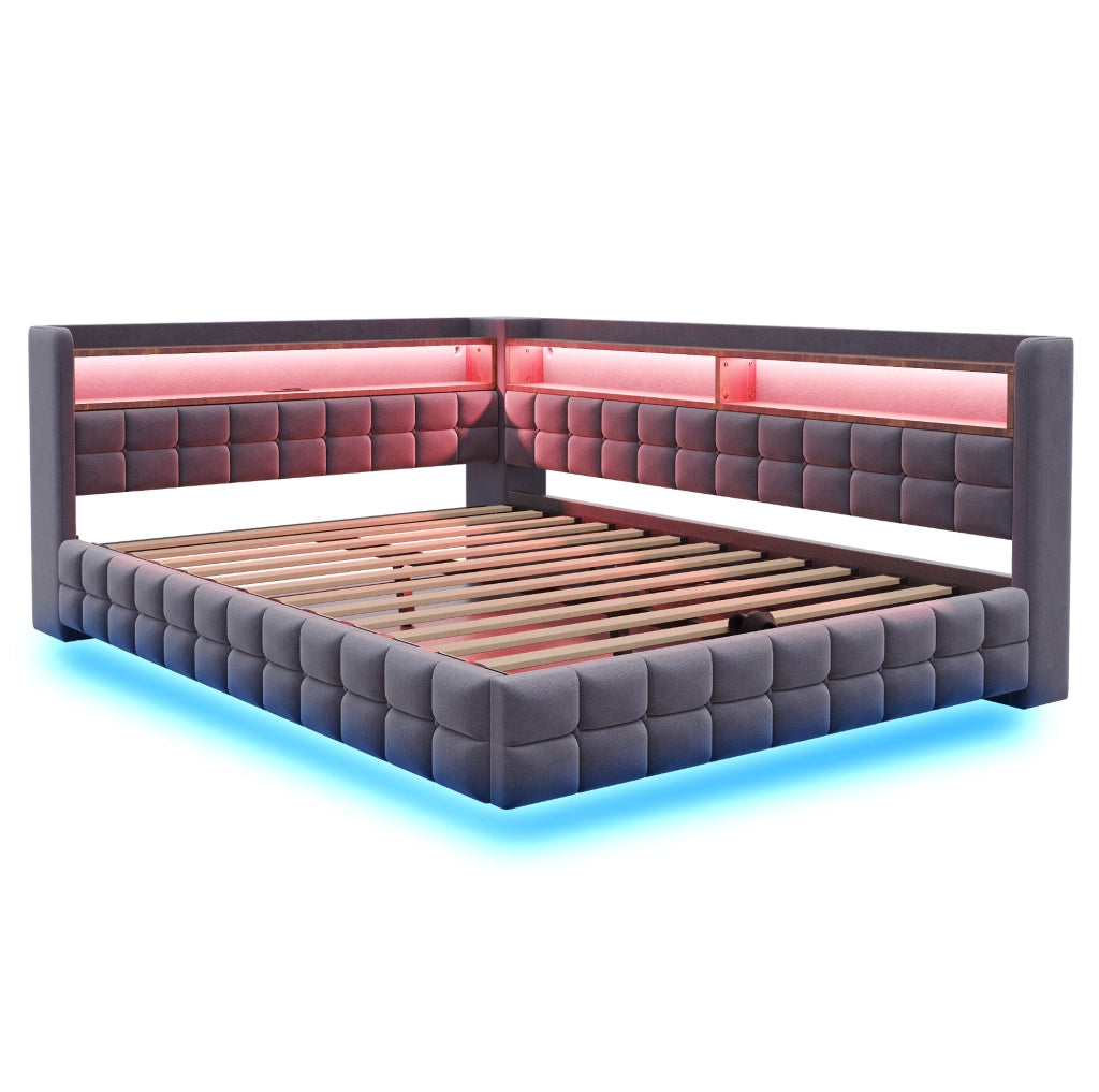 Divano letto imbottito ULEVR 140x200 cm con vano idraulico, LED, presa, USB e Type-C, velluto grigio