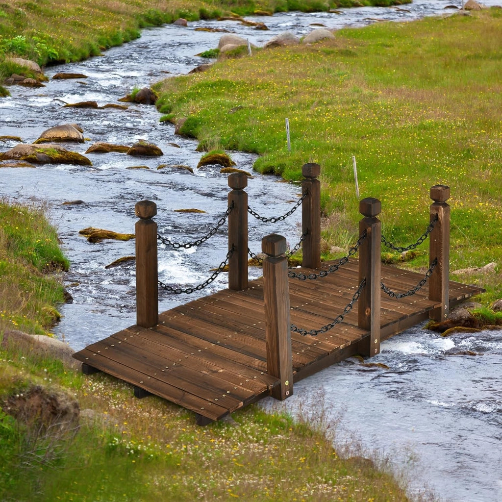 Ponte da Giardino in Legno di Abete Carbonizzato con Ringhiere di Catene, Ponticello Robusto Portata 180 kg, 150 x 67 x 55 cm, Marrone