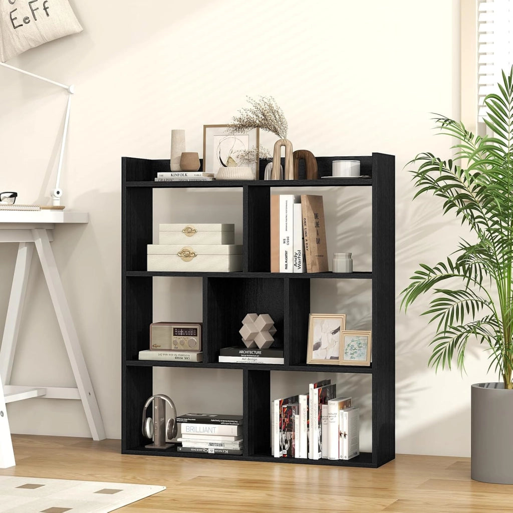 Libreria a Cubi con 7 Scomparti, Mensola Espositiva per l'Archiviazione, Libreria in Legno con Dispositivi Anti-Ribaltamento, per Studio Soggiorno, 80x20x90 cm (Nero)