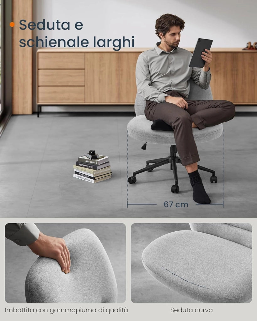 SONGMICS HOME Sedia da Ufficio, Sedia da Studio Girevole, Stile Contemporaneo con Base a Stella, Seduta Ampia e Confortevole, Altezza Regolabile, Tessuto Cotone-lino, Grigio Tortora OBG047G01