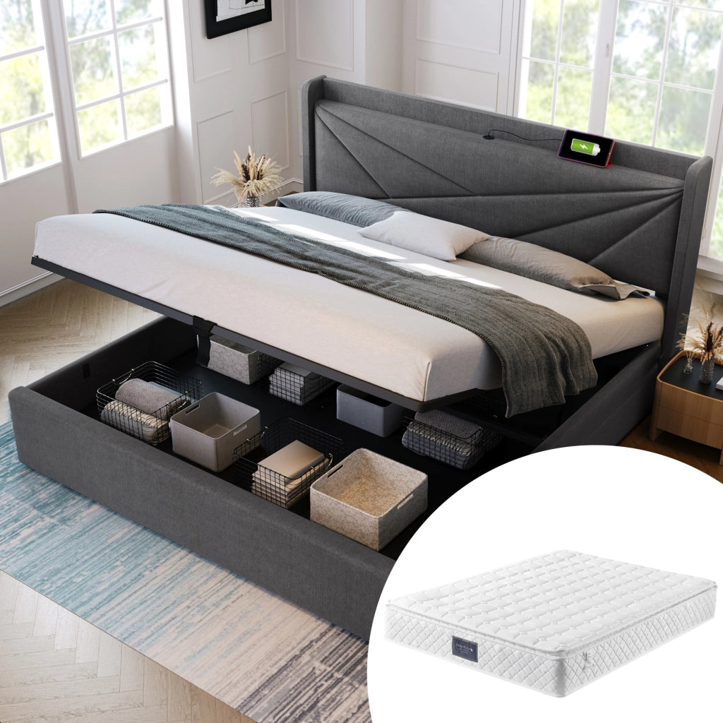DESMIU Lit coffre 140 × 200 cm 2 posti con USB, Type-C e contenitore, materasso incluso, in cotone lino, grigio