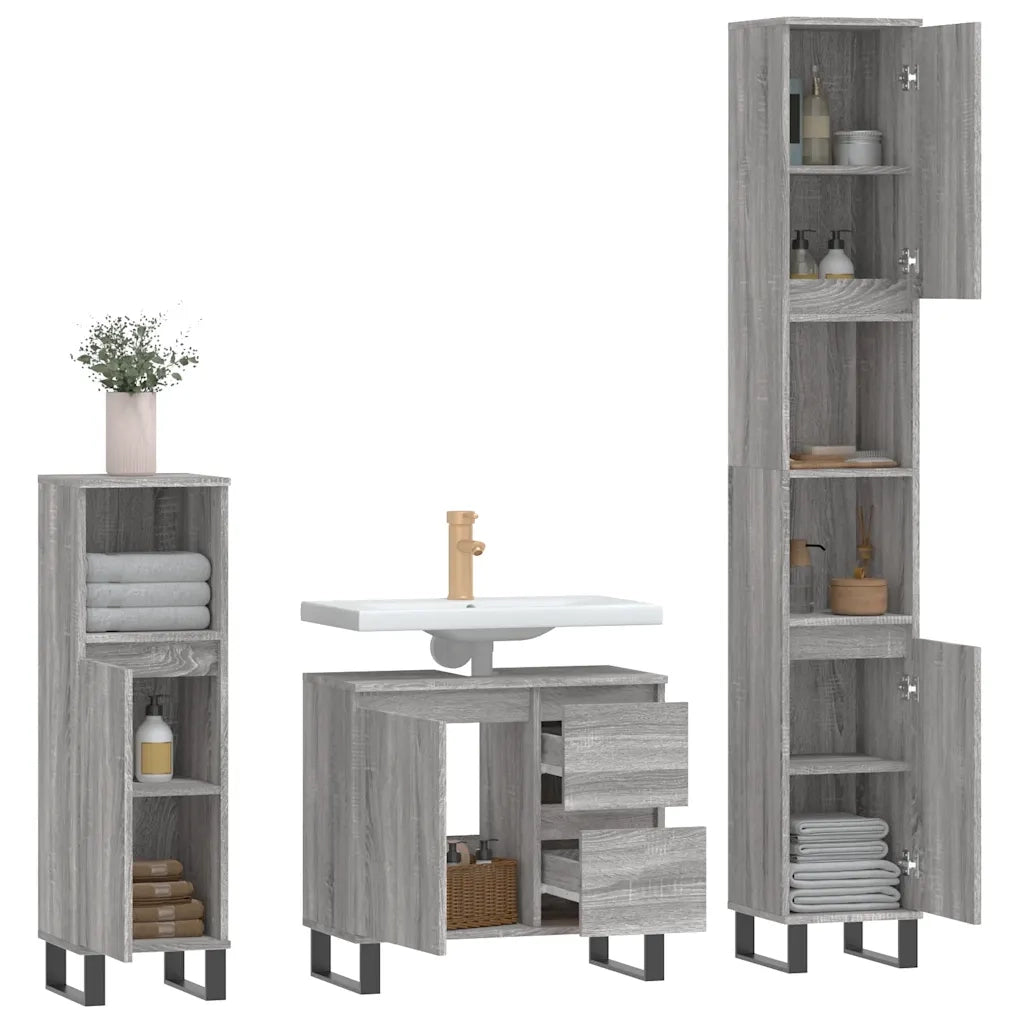 Set Mobili da Bagno 3 pz Grigio Sonoma in Legno Multistrato 3190235