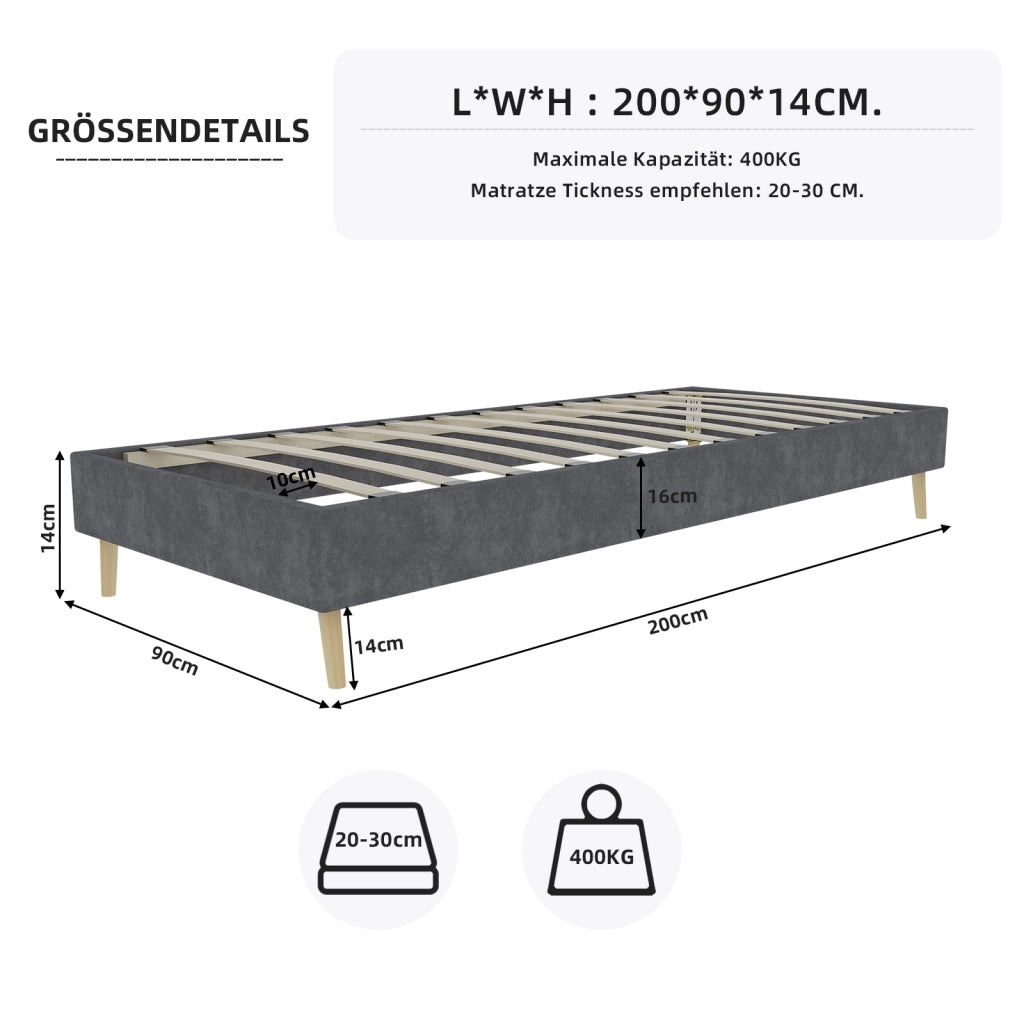 Letto Singolo 90x200 cm; Struttura in Tessuto e Metallo; Grigio; Design Moderno