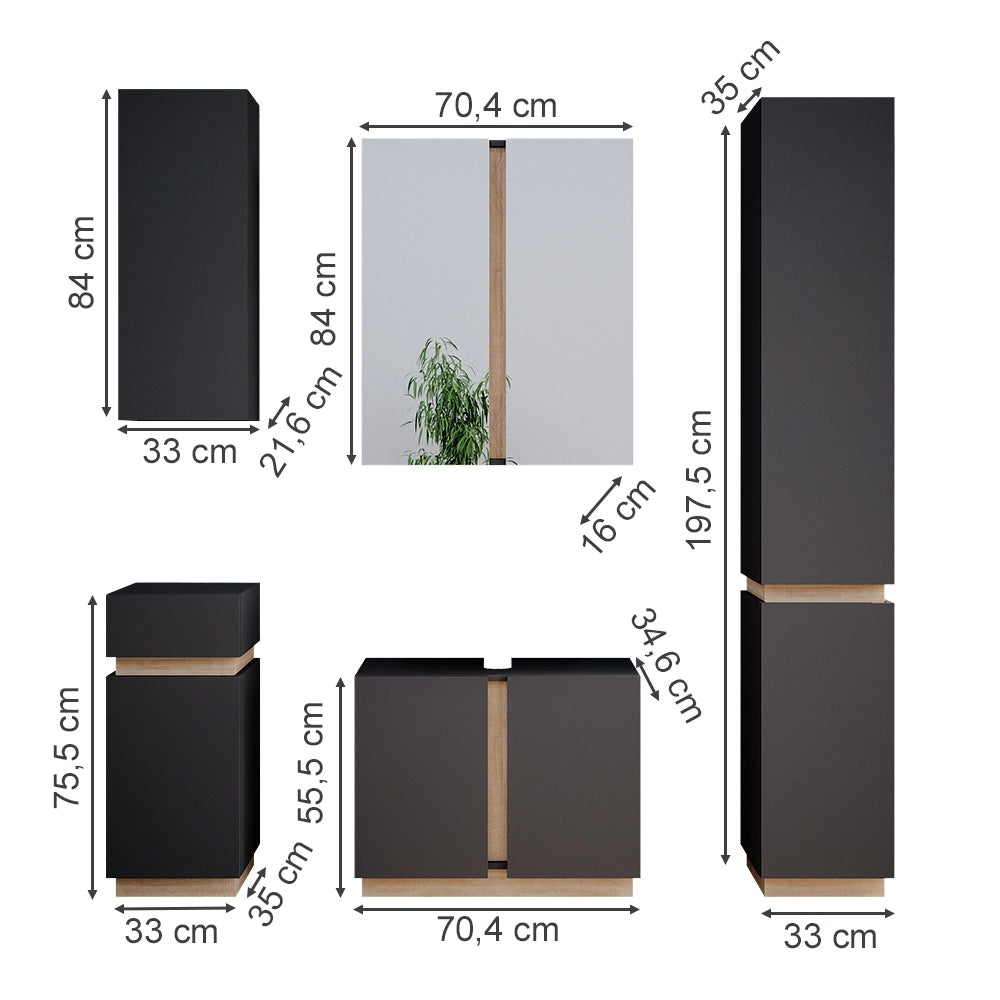 Vicco Set di mobili da bagno Antracite 5 parti