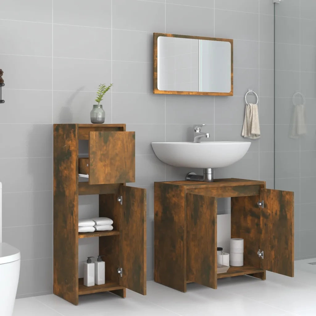 Set Mobili da Bagno | Armadio da bagno 3 pz Rovere Fumo in Legno Multistrato