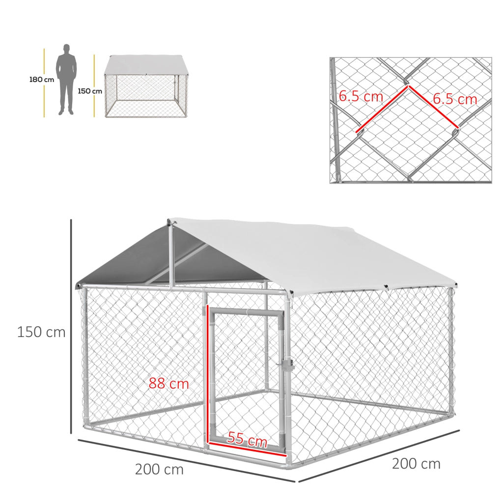 Kennel per Cani da Esterno, Recinto per Animali con Copertura Impermeabile, 200x200x150cm, Argento e Grigio