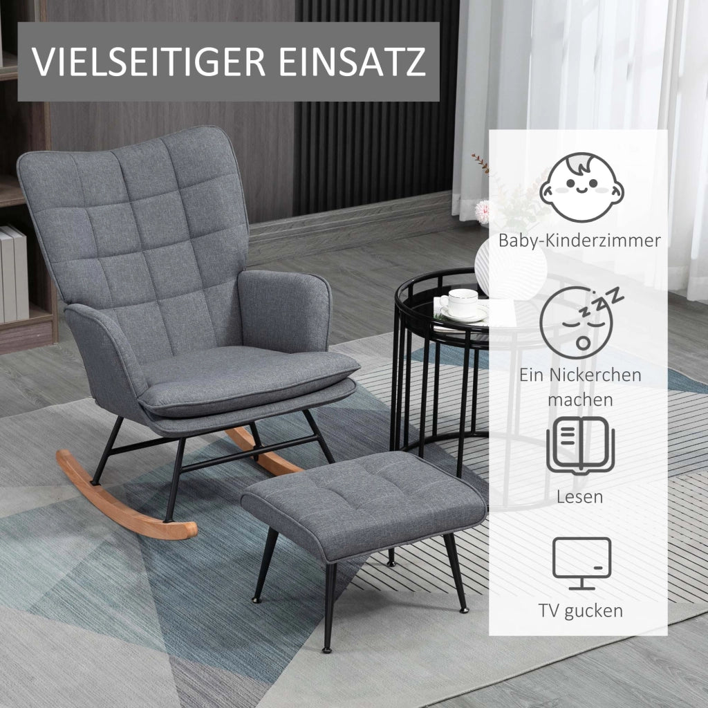 Poltrona a dondolo con pouf, schienale alto imbottito e braccioli, base in legno di faggio, in poliestere grigio 64 × 89 × 90 cm