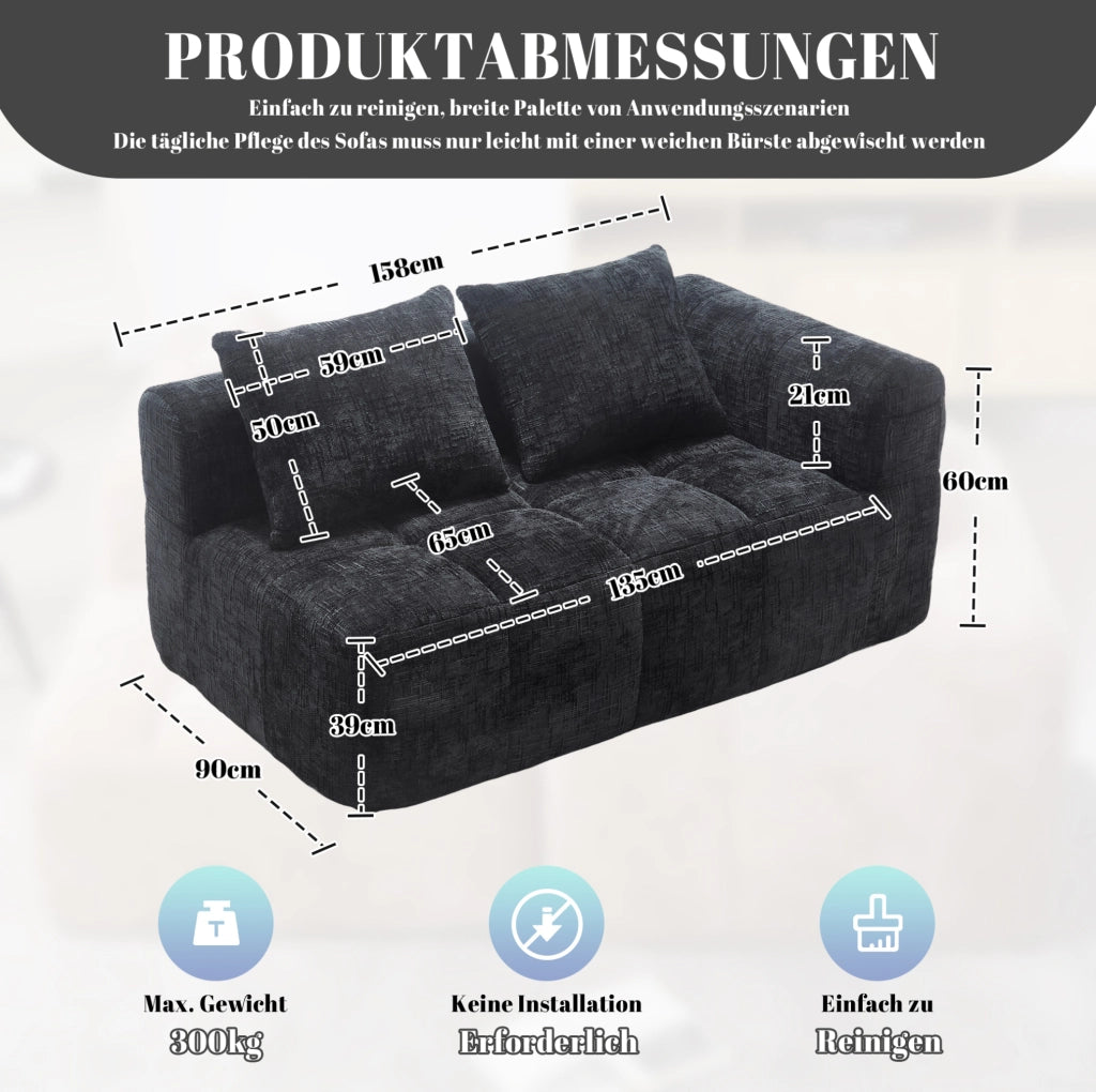 Divano a 2 posti nero con chaise longue, cuscino incluso e tasche laterali per telecomando e smartphone