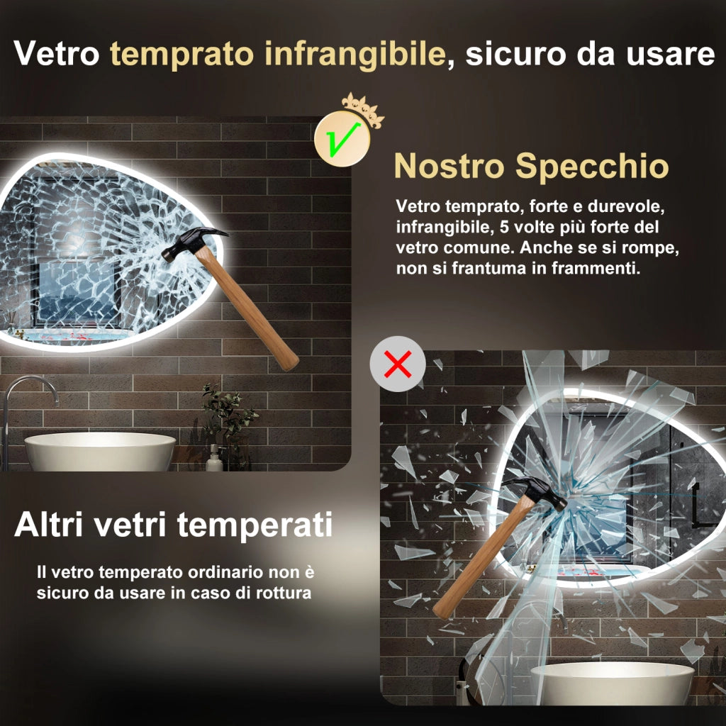 specchio forma irregolare 120x80 cm retroilluminato con luce a 3 colori, touch e pellicola antideflagrante