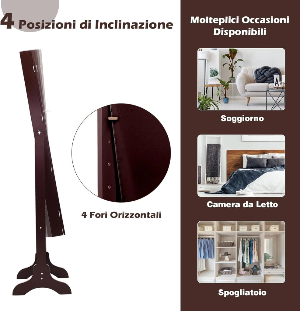 Armadietto Portagioie Specchiera per Gioielli con Chiave e Luci LED, Specchio Figura Intera da Terra, 160x41,5x37cm (Marrone)