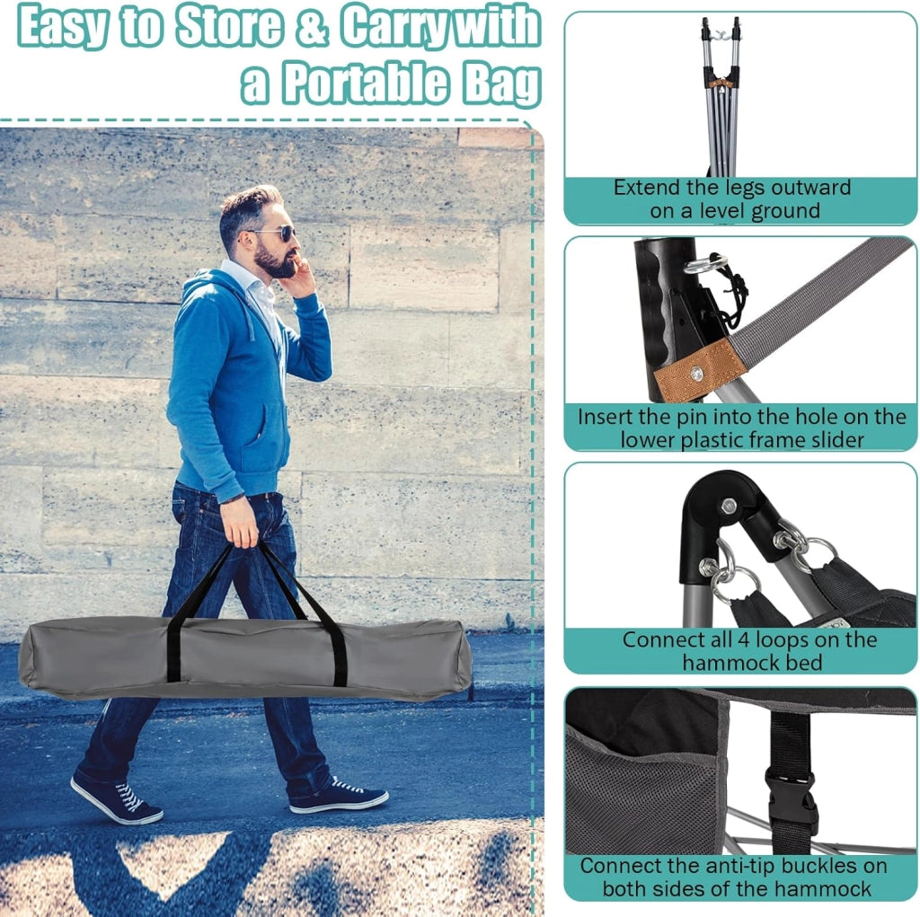 Amaca da giardino con supporto pieghevole in metallo, sedia amaca portatile in tessuto a rete, letto da campeggio con borsa da trasporto, lettino con carico 150 kg, 227 x 82 x 89 cm (Nero)
