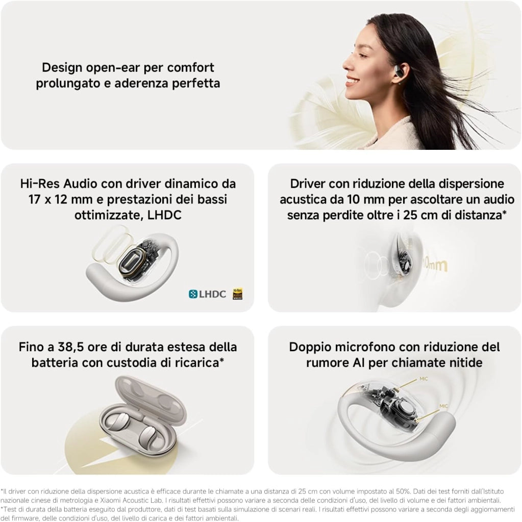 OpenWear Stereo, Cuffie Bluetooth, custodia di ricarica, Hi-Res Audio con driver dinamico, Fino a 38,5 ore di ascolto, Doppio microfono con riduzione del rumore, Design Ergonomico, Beige