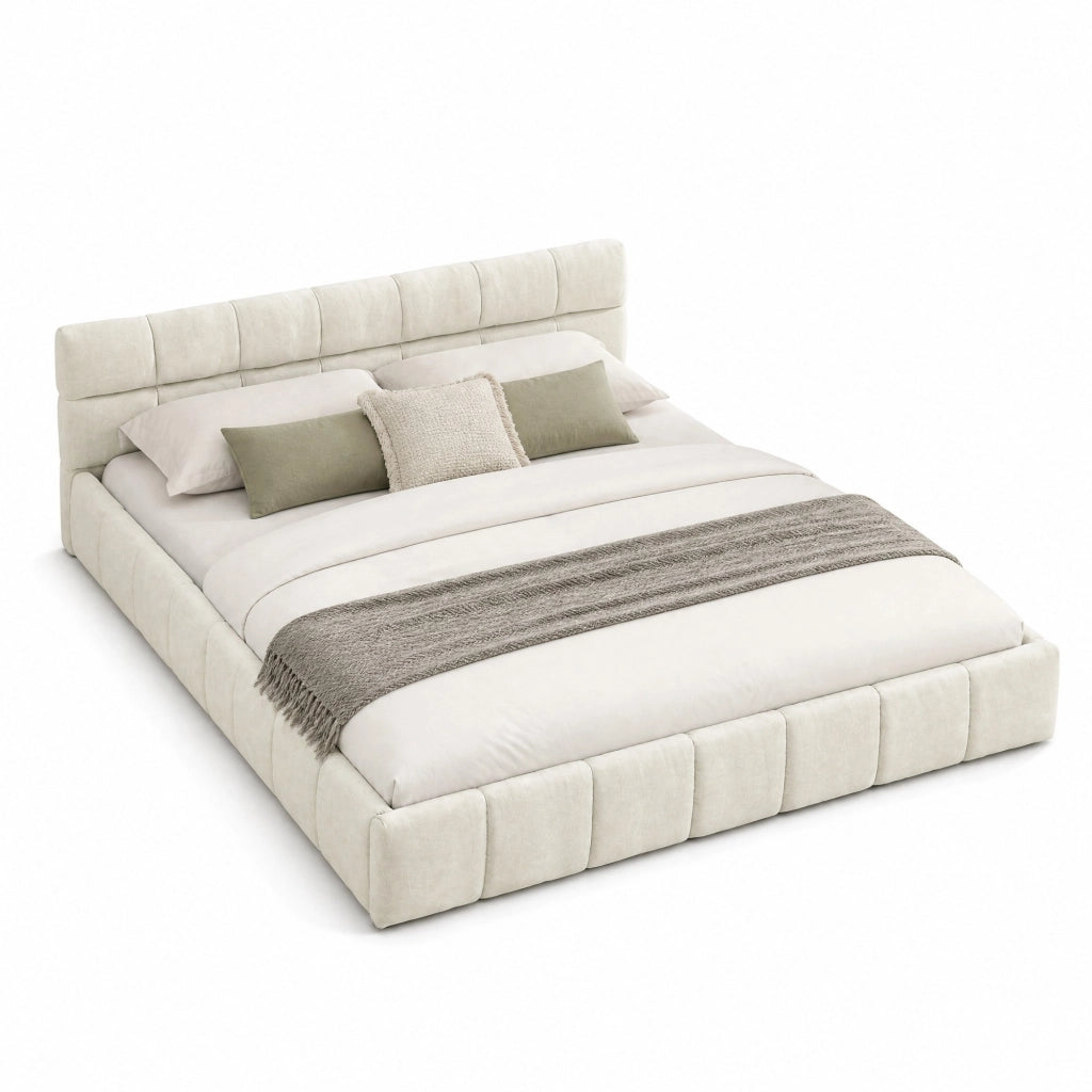 Letto matrimoniale 140x200 cm imbottito in chenille beige con struttura in legno di eucalipto e ferro