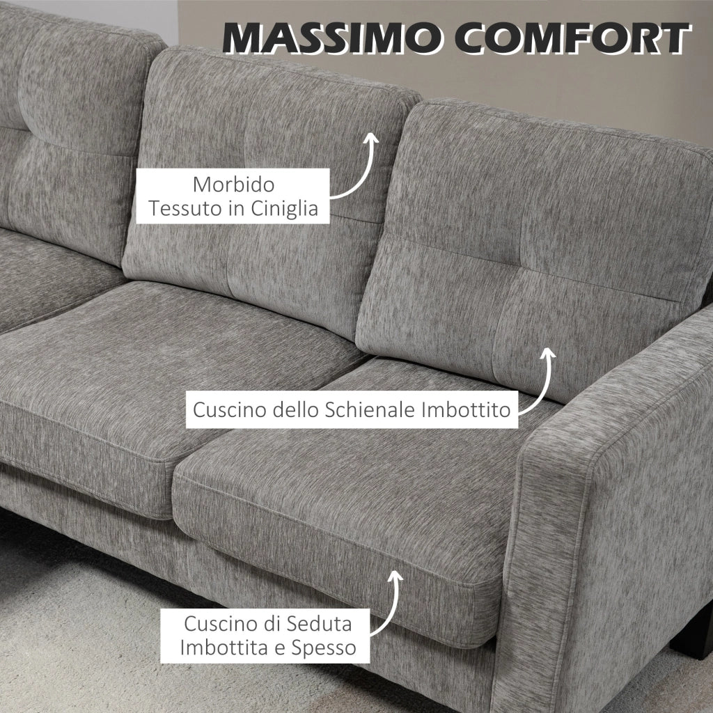 Divano 3 Posti Angolare con Penisola 186x130x84 cm in Tessuto Effetto Ciniglia Tortora