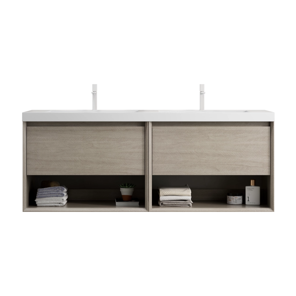 Mobile bagno sospeso con 2 cassetti e 2 ripiani aperti; doppio lavabo integrato in resina per bagno 140×46×60 cm