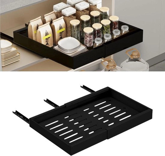 Organizzatore di cassetti estensibile con carrello telescopico in metallo - nero - (32-52 x 315 x 7 cm)