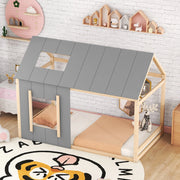 OKWISH Letto a casetta 90×200 cm, Letto Singolo con Tetto e Finestra, senza Materasso, in Pino e MDF, Naturale e Grigio