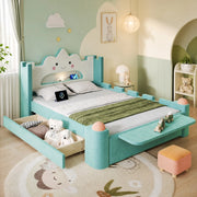Letto per bambini 140 × 200 cm con lampada da lettura e USB, cassetto contenitore, senza materasso, velluto blu-verde