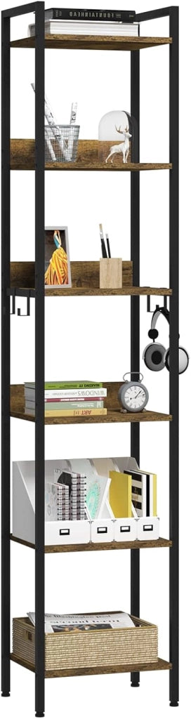 Libreria Industriale a 6 Livelli, Scaffale in Metallo e Legno per Soggiorno e Cucina, Salvaspazio con 4 Ganci, Nero + Legno Vintage, 40x30x187cm