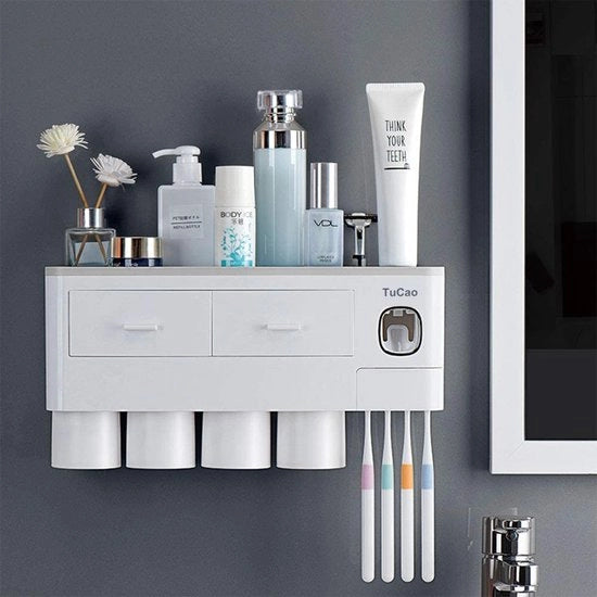 Tecnico Tandpastadispenser con Squeezer Kit, 7 slot per spazzola da denti con coperchio ermetico, 4 contenitori magnetici e organizzatore per prodotti personal care (4 contenitori)