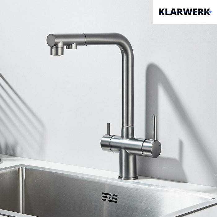 Felix | miscelatore estraibile 3 vie premium grigio titanio opaco | rubinetto da cucina a osmosi in acciaio inox| 360 gradi rotabile filtro 3 attacchi