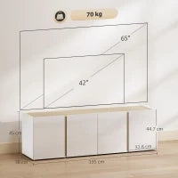 Mobile TV con 4 porte a chiusura ammortizzata, ripiano regolabile e passacavi, 135 x 38 x 45 cm, Bianco