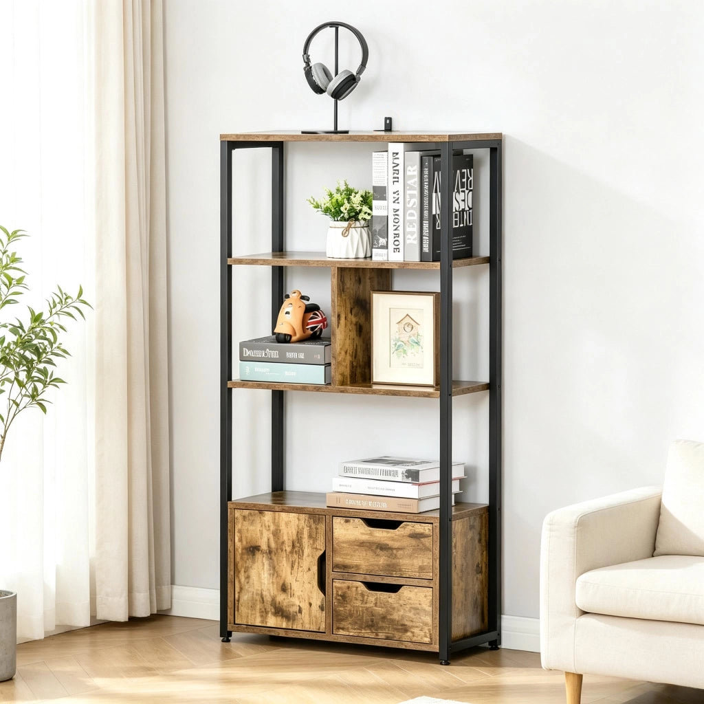 LIBRERIA 58x24x122 cm Nero ed Effetto Legno Antico con Ripiani e Armadietto